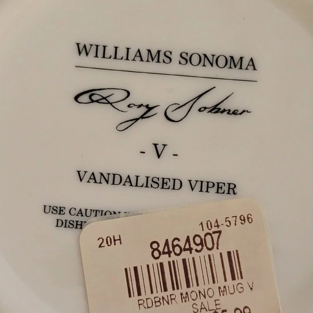 New Williams Sonoma Coffee Mug Cup Vandalized Viper Snake Rory Dobner Letter V